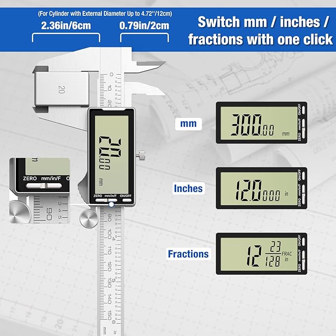 Raynesys Digital Caliper 12 Inch with Large LCD Screen, Inch/MM/Fraction Conversion, 300mm Micrometer Caliper All Stainless Steel Diameter Measuring Tool for Jewelers/Woodworkers/DIY