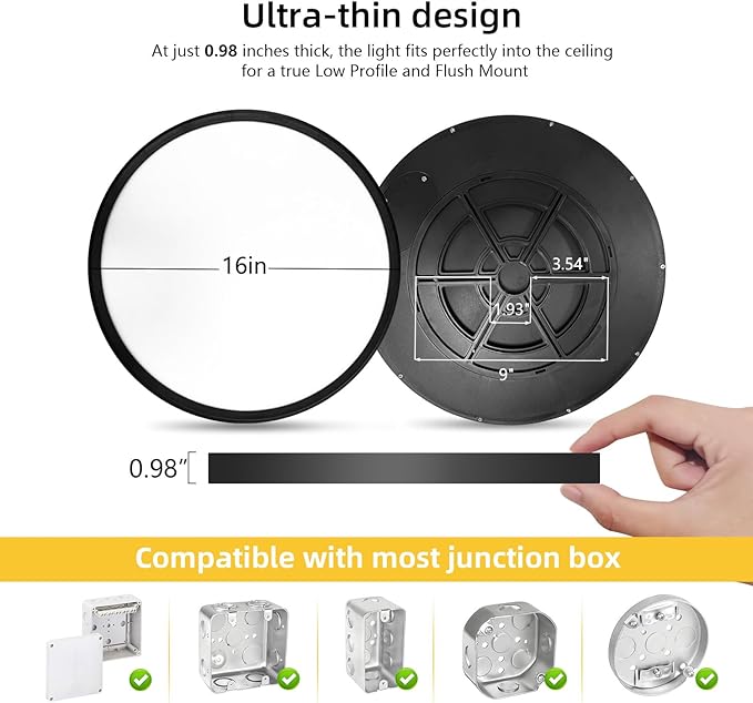 RLEDPZTX Led Flush Mount Ceiling Light,16 Inch 32w 3480lm,3000k/4000k/6000k 3CCT Selectable, Round Modern Flat Panel Super Slim Led Ceiling Light,for Living Dining Kitchen Bedroom Room (2Pack-Black)