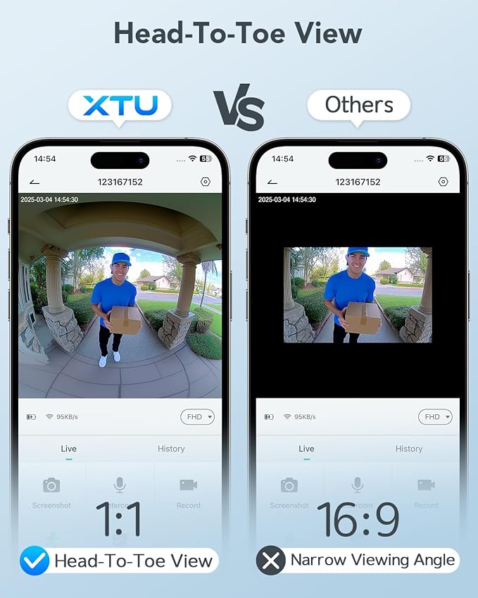 XTU Battery Doorbell, 180° Head-to-Toe Video, Live View with Two-Way Talk, No Monthly Fee, 2.4G Wi-Fi with Chime, Local/Cloud Storage, Human Detection, Compatible with Alexa & Google Home