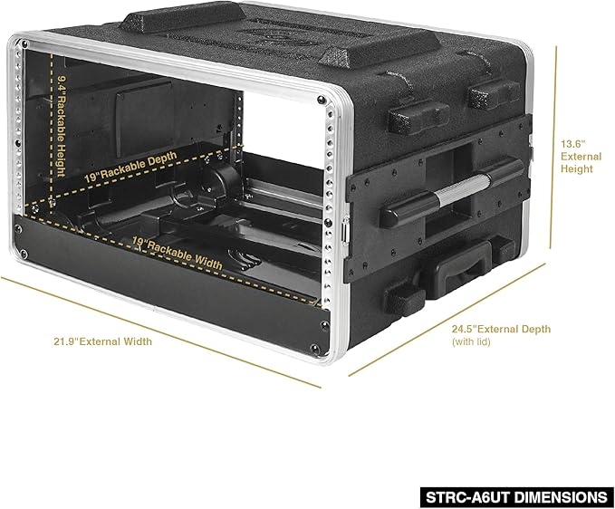 Sound Town Lightweight 6U PA DJ Rack/Road Case with 5U Rack Space, ABS Construction, 19” Depth, Retractable Handle, Wheels and Heavy-Duty Latches (STRC-A6UT)