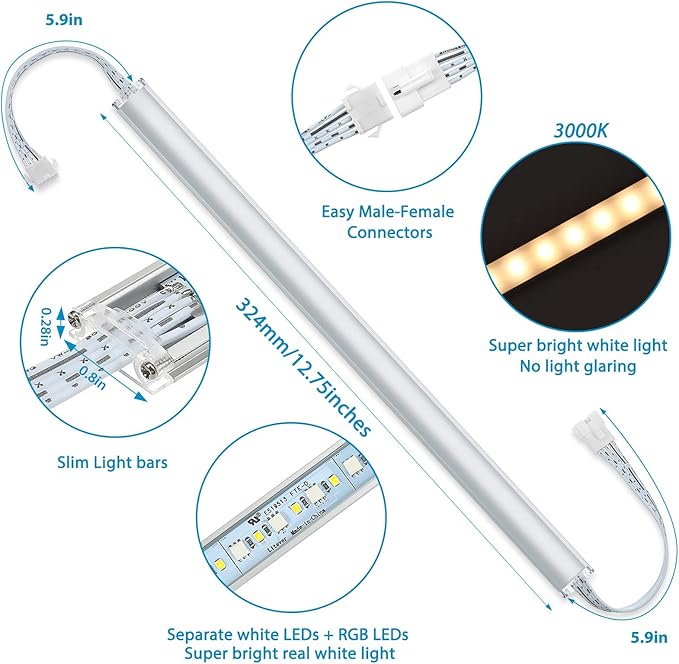 Litever Under Cabinet LED Lighting Kit. RGB Color & Bright Warm White Light. Slim Linkable LED Light Bars with Power Adapter, Controller, Extension Cords. Max 24W. Dimmable. Plug in. RGB + 3000K.