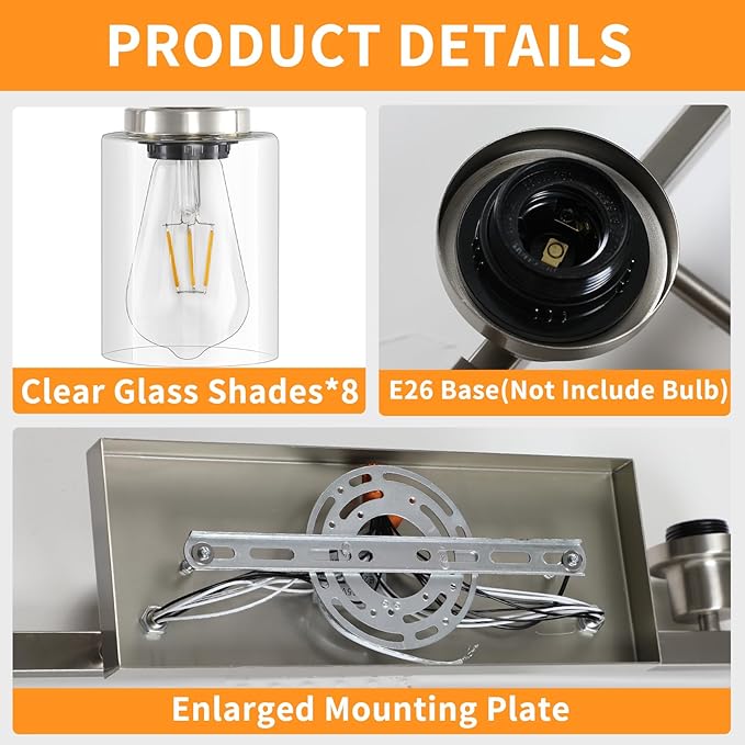 DIKAIDA 52inch Brushed Nickel Vanity Light Fixtures, 8 Light Brushed Nickel Bathroom Vanity Lights Over Mirror, Matte Nickel Modern Bathroom Wall Lighting for Mirror Bedroom,Living Room