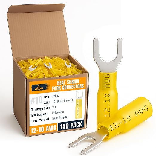150PCS Yellow Heat Shrink Fork Spade Connectors #10 – 12-10 AWG Tinned Copper Terminals, Waterproof Wire Crimp Kit for Automotive, Marine, Speaker & Electrical Wiring