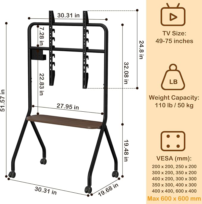 CVDF Rolling TV Stand for 49-75 Inch LCD LED OLED Flat/Curved Panel Screen TVs, Mobile TV Stand with Wheels, Height Adjustable TV Floor Stand, Holds up to 110 Lbs, Max VESA 600 x 600 mm, Black