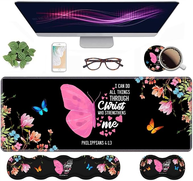 Ergonomic Keyboard Wrist Rest & Mouse Pad Wrist Rest Set,Floral Butterfly Quote Bible Verse Philippians 4:13 Large Gaming Desk Mat 31.5"x 11.8" with Memory Foam,Easy Typing Pain Relief for Home Office