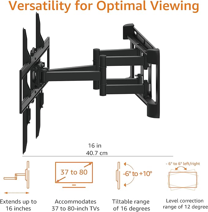Amazon Basics Heavy Duty Dual Arm, Full Motion Articulating TV Mount for 37" to 80" TVs up to 132 lbs, Fits LED LCD OLED Flat Curved Screens, Black