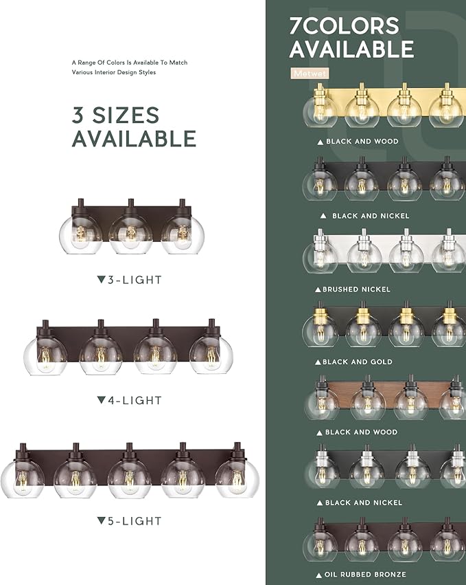 METWET Bathroom Light Fixtures Over Mirror, 4-Light Oil Rubbed Bronze Bathroom Vanity Light with Globe Clear Glass Shade, 26 Inch Modern Sconces Wall Lighting, VL195-ORB-4