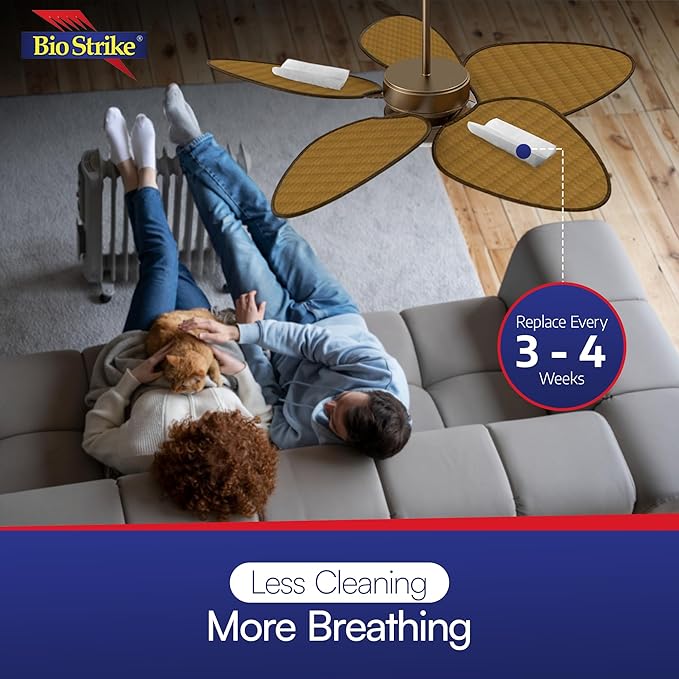 BioStrike Ceiling Fan Blade Air Filter - Dust & Allergen Catcher - Easy-Attach - Blade Filters for Any Fan Size - Reduce Airborne Particles - Made in USA (6 Packs w/ 2 filters each)