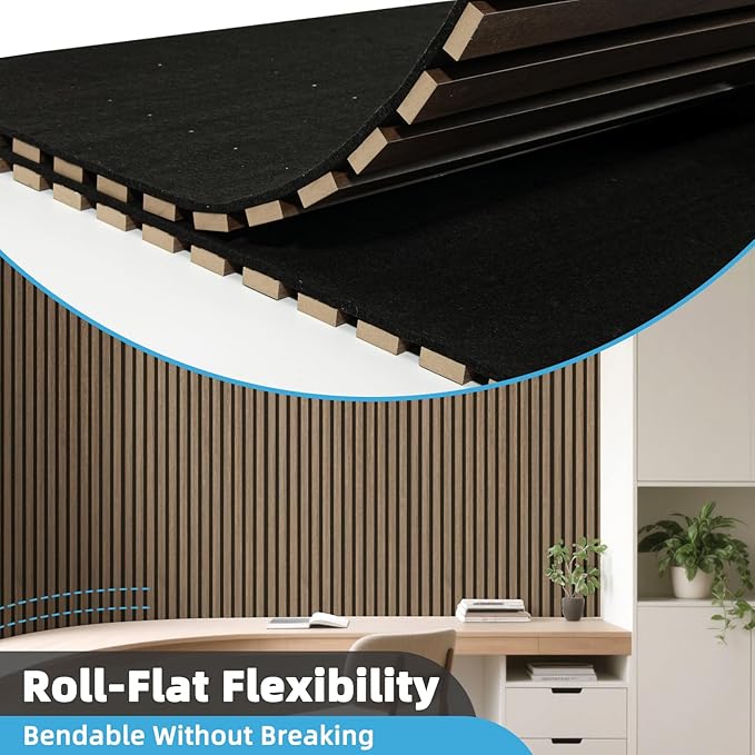 Art3d 1-Pack Acoustic Wood Slat Wall Panel with Roll-Flat Design - 95.3 x 23.8 Inch Sound Absorbing Panels for Living Room Columns Corridor Curved Wall Decor, Ebony