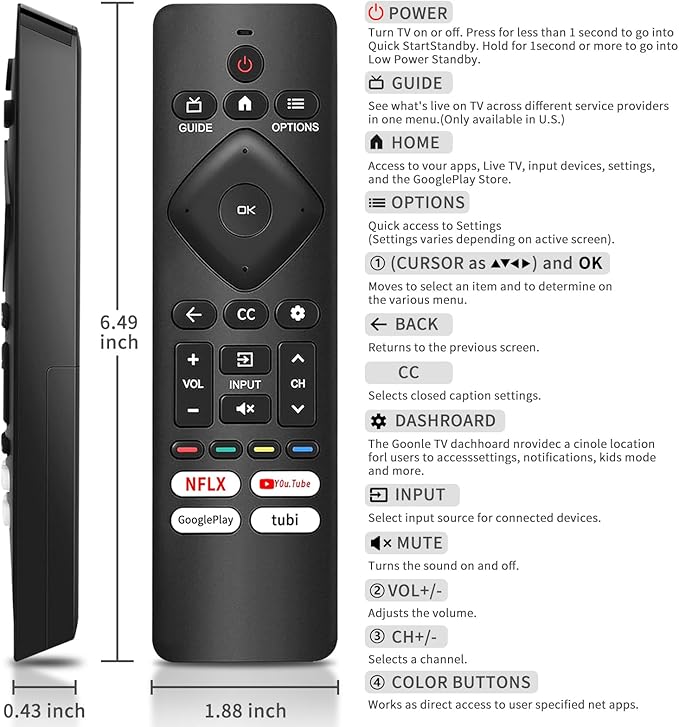 Replacement Remote for Philips TV, Compatible with Philips Google & Android 4K UHD HDR Smart TVs, No Setup Needed