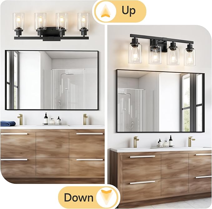 DIKAIDA Bathroom Vanity Light, 4-Light Modern Matte Black Wall Sconce Lighting with Clear Glass Shade, Bathroom Lighting Fixtures Over Mirror,Vintage Wall Mounted Lamps for Mirror Bedroom,Living Room
