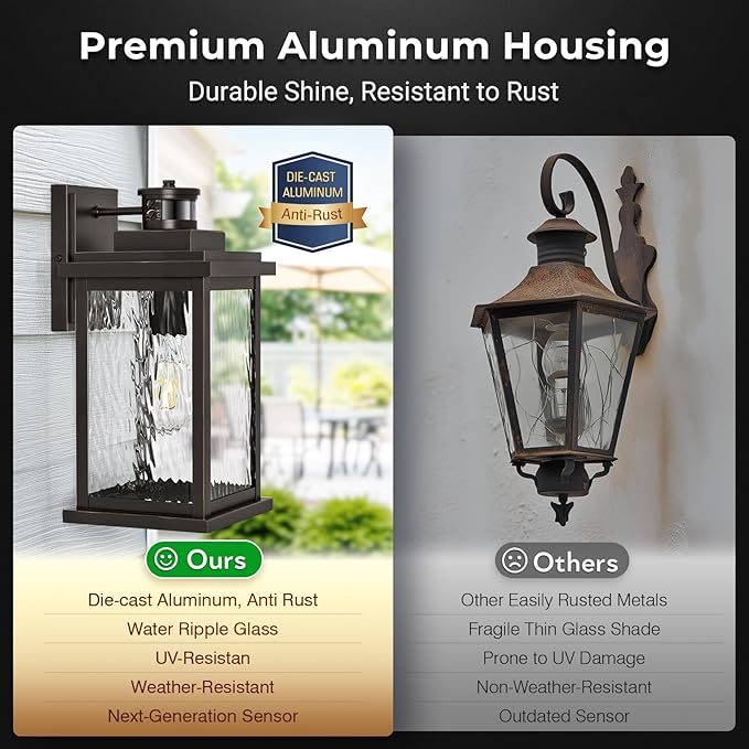 VIANIS Advanced Motion Sensor Light Outdoor, 2 Pack Large Bronze Exterior Lighting Fixtures, Easy-to-Install, Aluminum Waterproof Porch Lights Outdoor with Water Glass for Porch, Garden, Front Door