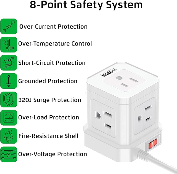 Cube Power Strips with Surge Protection, 6ft Extension Cord with Multiple Outlets, 5 Ac Plugs, 3 USB, 1 Usbc Fast Charging Power Strip with USB Ports, Mountable On/Off Switch Charging Station