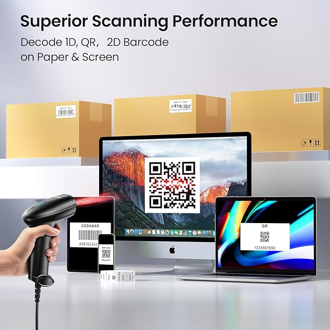 Anyeast 2D 1D Barcode Scanner : USB Wired Inventory QR Scanner with Stand for Computer POS MAC with Automatic Scanning, Handheld CMOS Image Bar Code Reader for Warehouse Library Supermarket