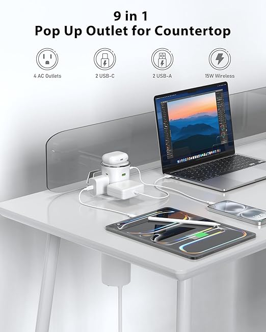 Motorized Pop Up Outlet,2 PD 45W USB C Charging Station, 3.15 in Hole Desktop Power Grommet Electrical Power Outlets Insert in 4AC 4 USB Ports 15W Wireless Charger for Kitchen Countertop