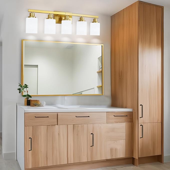 DIKAIDA Gold Bathroom Light Fixtures, 5-Light Modern Brushed Gold Vanity Lighting Fixtures for Bathroom Over Mirror, 30" Gold Sconces Wall Lighting for Bedroom Hallway Living Room