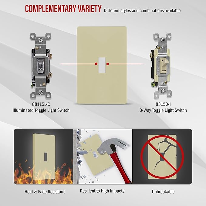 ENERLITES Screwless Toggle Switch Wall Plate, Child Safe Light Switch Cover, Standard Size 1-Gang 4.68" x 2.93", Unbreakable Polycarbonate Thermoplastic, UL Listed, SI8811-I, Glossy, Ivory