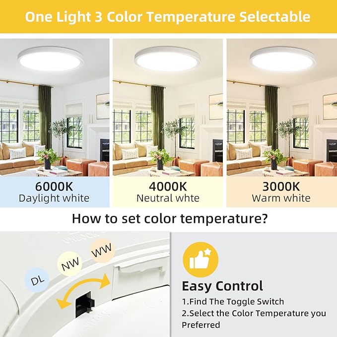 RLEDPZTX Led Flush Mount Ceiling Light,16 Inch 32w 3480lm,3000k/4000k/6000k 3CCT Selectable, Round Modern Flat Panel Super Slim Led Ceiling Light,for Living Dining Kitchen Bedroom Room (1Pack-White)