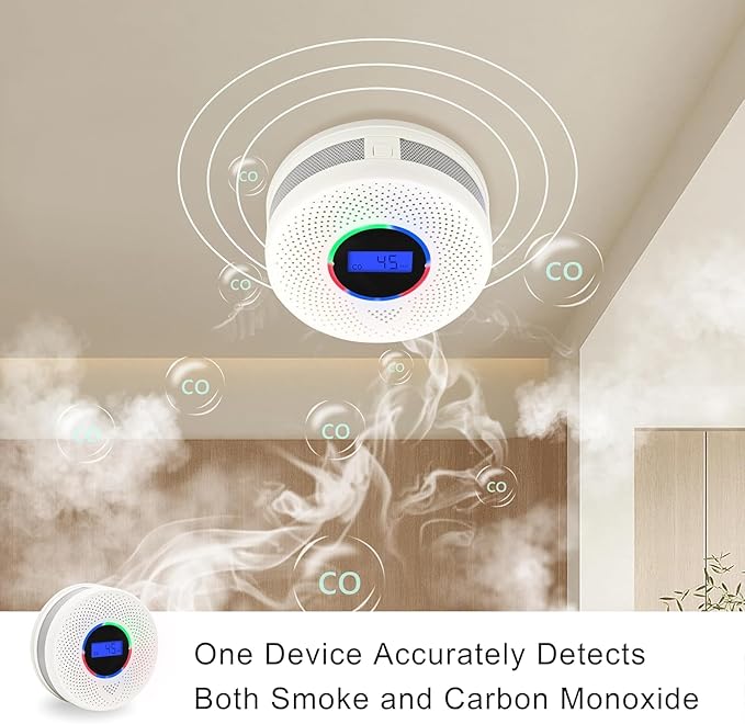 10-Year Battery Smoke and Carbon Monoxide Detector, 2-in-1 Smoke CO Alarm with Digital Display, Reliable Fire and CO Alarm for Home, Bedroom, Kitchen (1 Pack)