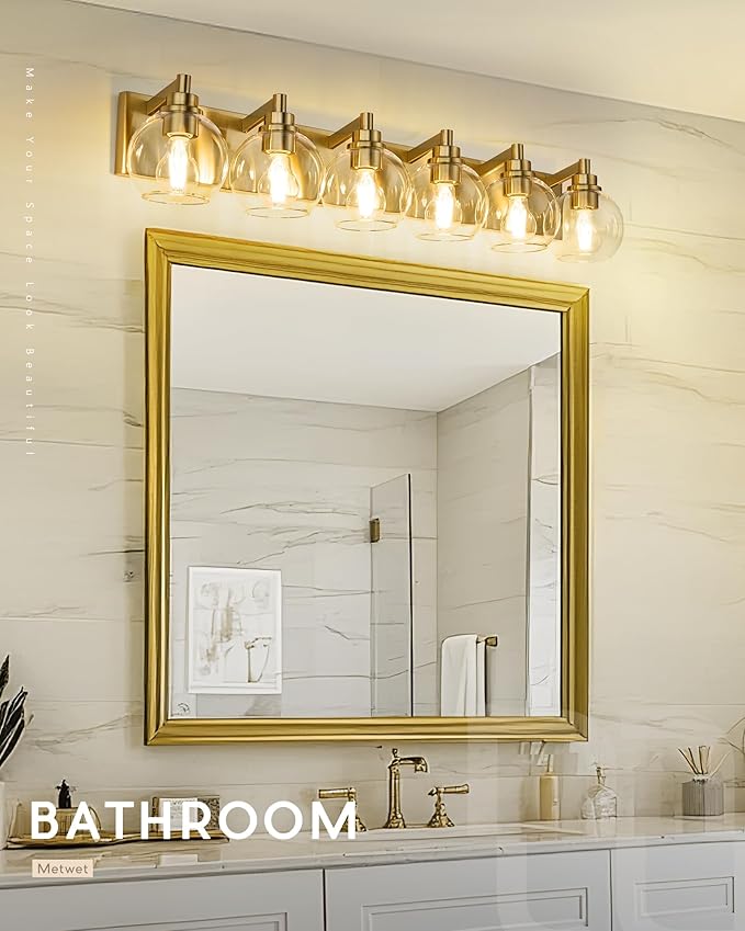 METWET Bathroom Light Fixtures, 6 Light Brushed Gold Vanity Light, 38 Inch Modern Wall Sconces with Globe Clear Glass Shade, Vanity Lighting Fixtures Over Mirror, VL195-BG-6