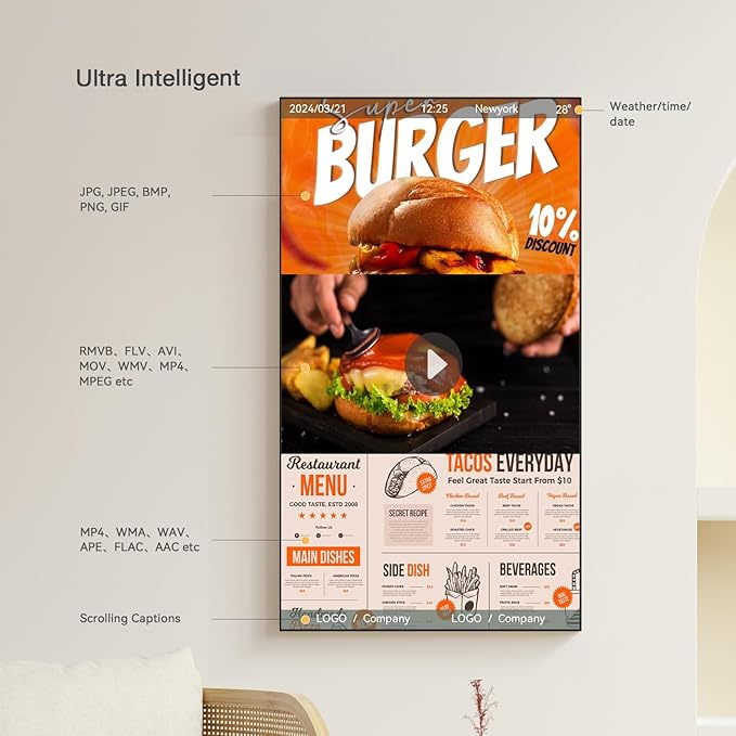 Canlarriz Digital Signage Display 85 inch Wall Mount Digital Menu Board for Restaurants and Stores Advertising Screen 500 nits Ultra-High Brightness 4K UHD Free Web Content Editor Android 4GB + 64GB