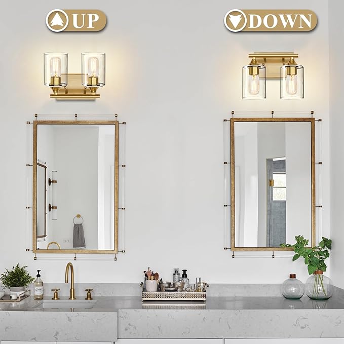 XPEHK Gold Vanity Lights for Bathroom,2-Light Bathroom Light Fixtures,Brushed Brass Gold Wall Sconce Lighting,Modern Wall Lamp for Mirror Bedroom Vanity Table Hallway