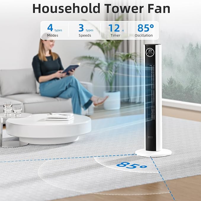 Antarctic Star Tower Fan Portable Floor Fans 85°Oscillating Fan Quiet Cooling 12H Timer Remote Control Standing Bladeless Electric 3 Wind Speeds 4 Modes Bedroom Office,36 inch, Black+White