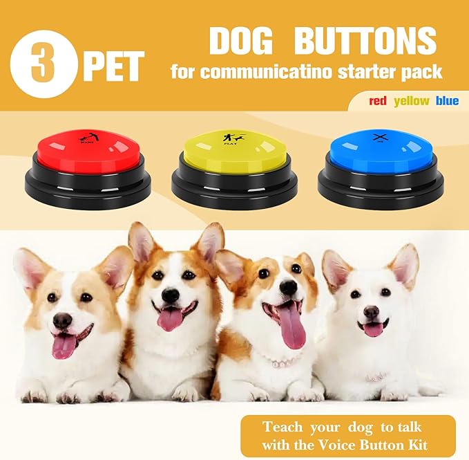 Dog Buttons for Communication Starter Pack 3 Dog Talking Button Set, 30s Voice Recording Speaking Button Pet Speech Training Buzzers with 30 Scene Stickers and Dog Button Mat for Animal Training