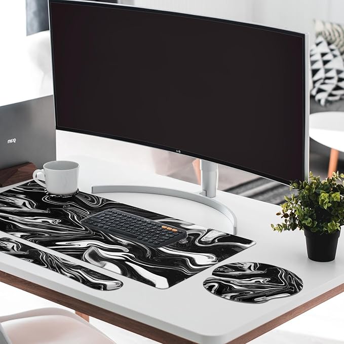 Britimes Black White Marble Keyboard Mouse Pad Set 4in1 Large Mousepad+Keyboard Wrist Rest+Mouse Wrist Rest+Coaster Ergonomic Design for Home Office Computer 35.4x15.7 inches