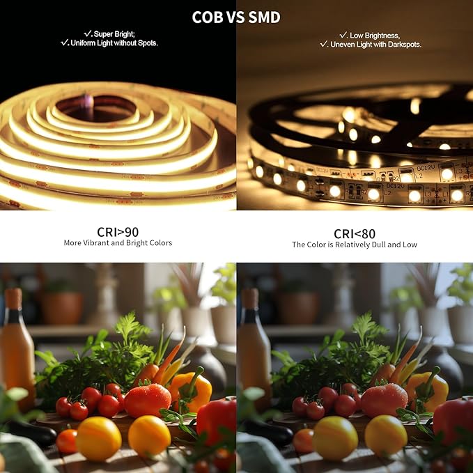 BUNACET COB LED Strip Light 40ft/12m (1 Roll) Warm White 3000K High Lumen CRI 90+ with UL Listed Power Adapter RF Remote for Bedroom Counter Under Cabinet Kitchen Projects