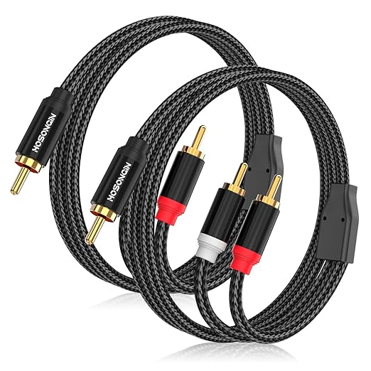 HOSONGIN RCA Y Splitter Cable, 6.6ft, 2 Pack, Gold-Plated, Noise-Free Durable Braided Audio Cable, 1 Male to 2 Male Adapter for Subwoofers, Amplifiers, TVs, Home Theater, Hi-Fi Systems