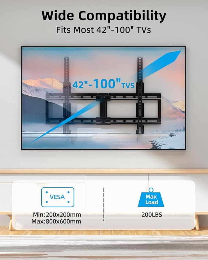 HOME VISION Ultra Slim Fixed TV Wall Mount Bracket for 42-100 Inch Flat/Curved Screens, Max VESA 800x600mm, 200lbs Capacity, 0.86" Low Profile, Universal, Heavy Duty, HV8802