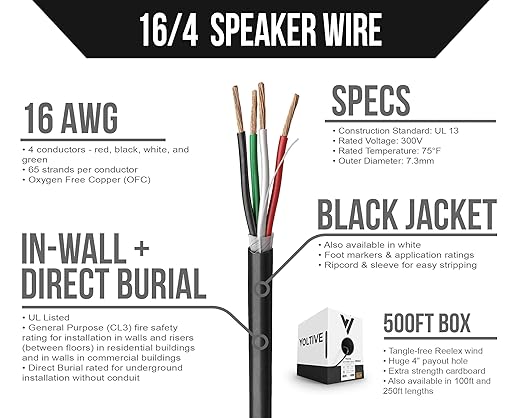 Voltive 16/4 Speaker Wire, in-Wall CL3 & Direct Burial, Black, 500ft - 16AWG, 4 Conductors, Stranded Oxygen-Free Copper, UL Listed - V-1211-5