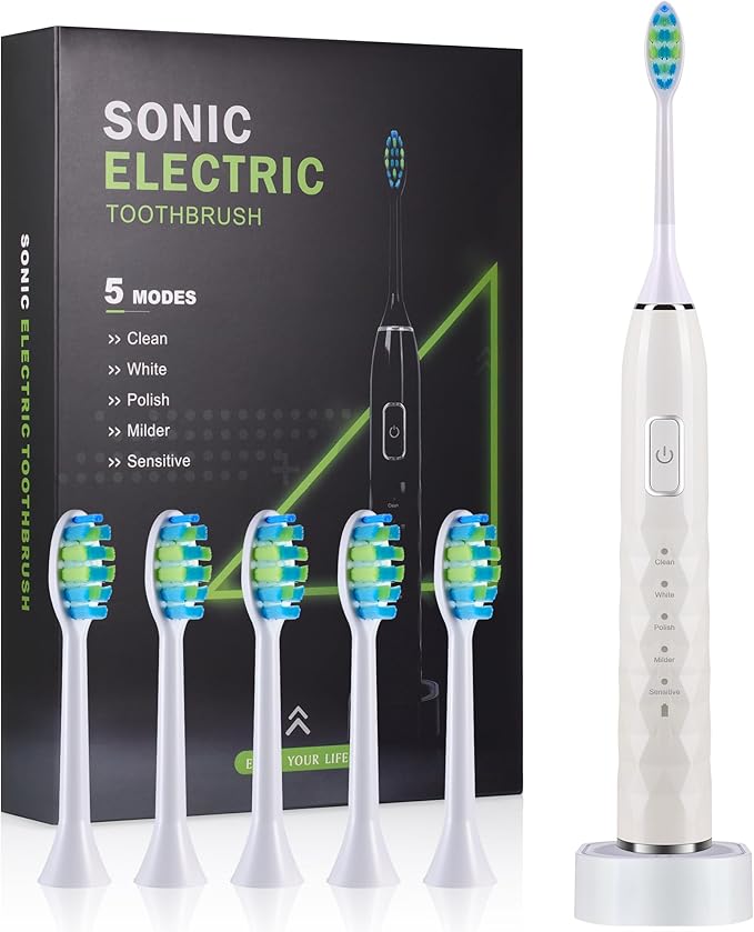 ZUAMEGU Sonic Electric Toothbrush for Adults - Deep Cleaning Teeth Whitening6 Replacement Brush Heads100-Day Battery5 Modes w/SensitiveIPX7 Waterproof (Color Options)