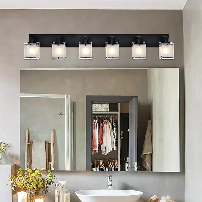 WINSHEN Bathroom Vanity Light Fixture, 6-Lights Modern Vanity Lighting Over Mirror with Frosted Glass Shades, Wall Mount Lamp for Bath Living Room, E26 Bulb Base