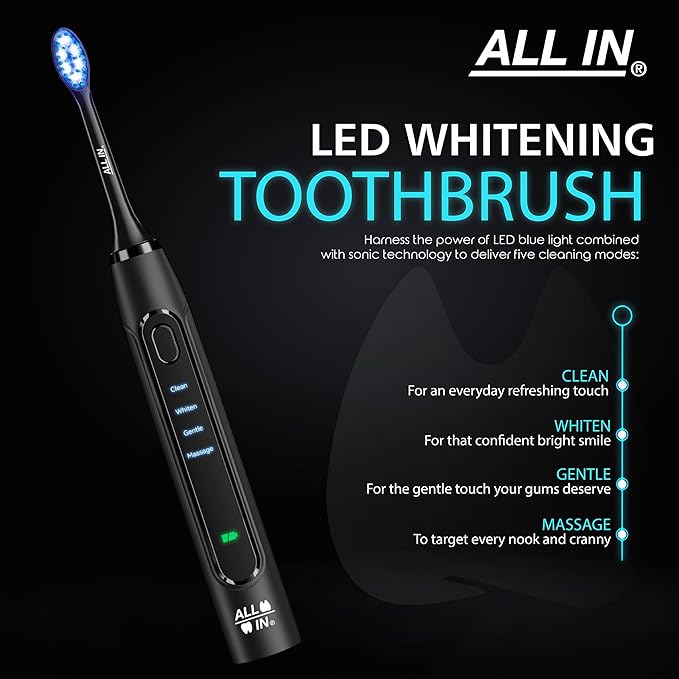 ALL IN Sonic LED Whitening Toothbrush and Replacement Heads Full Set - Blue & RED LED Light Technology - 4 Advanced Deep Cleaning Modes with a Timer - Adult Toothbrush - BPA Free and PHTHALATES Free
