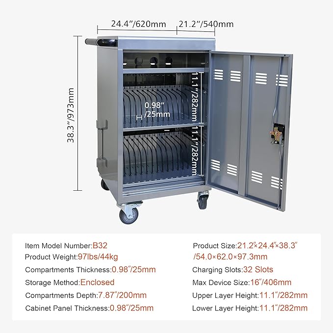 Aokleo Laptop Charging Cart,32 Devices Tablet Storage Carts for Pad Up to 16.3" Screen Size, Classroom Computer Mobile Charging Station for Pads,Chromebooks,Laptops,Security Storage (30+2 Bay-Silver)