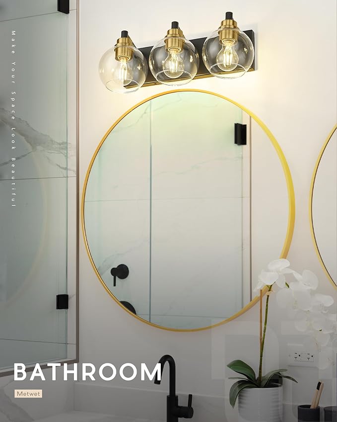METWET Bathroom Light Fixtures, 3-Light Black and Gold Bathroom Vanity Light, Modern Wall Sconces with Globe Clear Glass Shade, Vanity Lighting Fixtures Over Mirror, VL195-KG-3