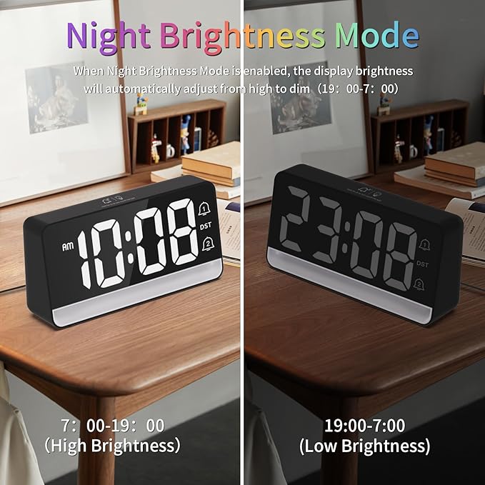 Alarm Clocks for Bedrooms, Digital Bedside Clock with RGB Night Light, Adjustable Volume for Heavy Sleepers, USB Charger, Large Display, Modern Decor for Desk, Dimmable Alarm Clock for Kids(Black)