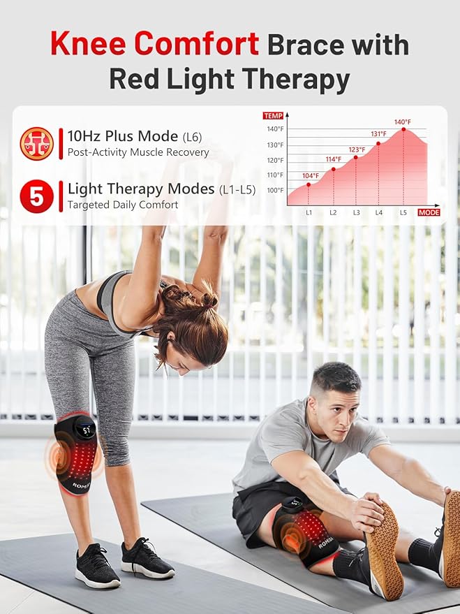 ROMISA Red Light Therapy Knee Brace with Heat & Massage, Cordless Rechargeable Controller, 20Min Auto Timer, 660nm & 850nm Near Infrared Light Therapy Device for Knee/Elbow/Shoulder, for Women Men.