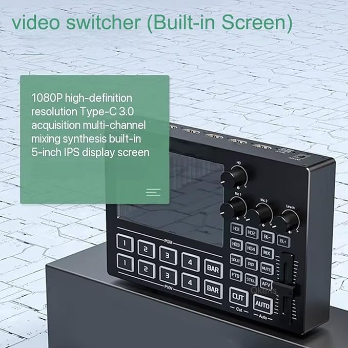 Yunseity 1080P Video Switcher, 5 Inch Screen 4 Channel HD Multimedia Interface Live Stream Switcher with Real Time Multi View and PTZ Control, for Multi Camera Streaming Online (US Plug)