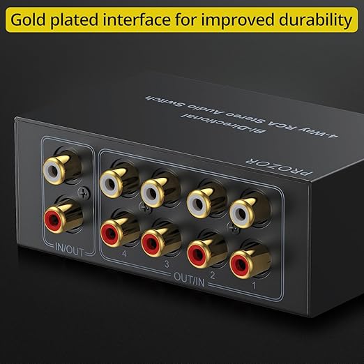 PROZOR RCA Switch 4 Way Bi-Directional RCA Splitter with Volume Control and Switch Button, R/L Audio Selector with No Power Supply Needed for DVD Stereo Speaker CD Player