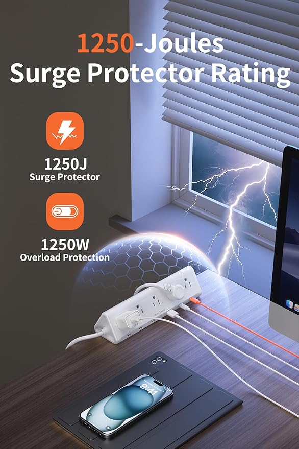 10 FT Desk Clamp Power Strip with 5 AC Outlets & 6 USB Ports PD 40W USB-C Fast Charging, 1250J Surge Protector, Fits 2.1 in top Edge White