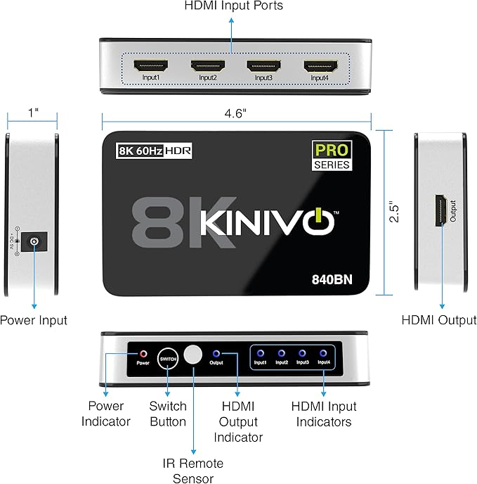 Kinivo 8K HDMI Switch (8K 60Hz, 4 in 1 Out, 48Gbps HDMI 2.1 Hub, Ultra HD Switcher, HDR10+, Dolby Atmos) - Compatible with HDTV, Nintendo Switch 2, PS5, Xbox, Apple TV