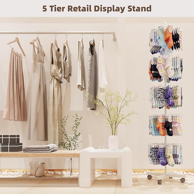 YEOOE Retail Display Racks 5 Tier Spinning Display Stand, Movable Shop Spinner Rack with Hooks, Retail Display Stand for Jewelry Keyring Hats Socks Toys (White)