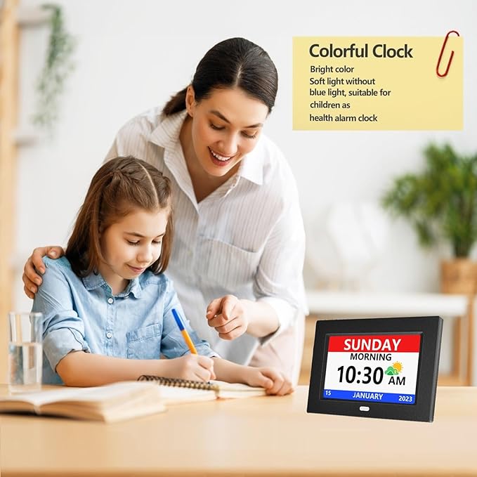 MRCHYDZ 7 Inch Clock with Day and Date for Elderly Large Display Digital Clocks 12 Alarms 3 Display Modes Large Font Alzheimer's Clock Alarm Clocks for Seniors Auto DST Black