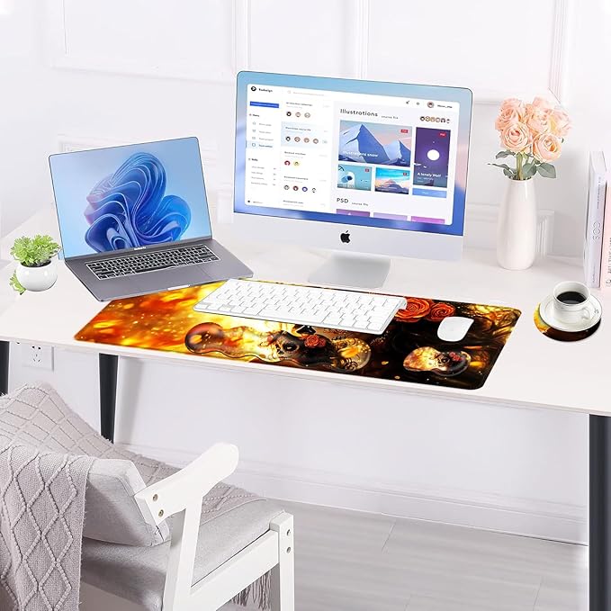 BFUKVOU Large Keyboard Mouse Pad Set, Extended Mouse Pad+Keyboard Wrist Rest Support, Memory Foam Ergonomic Easy Typing, 4Pcs (31.5×11.8 in) Desk Pad Set for Office Home,Skull Woman with Rose