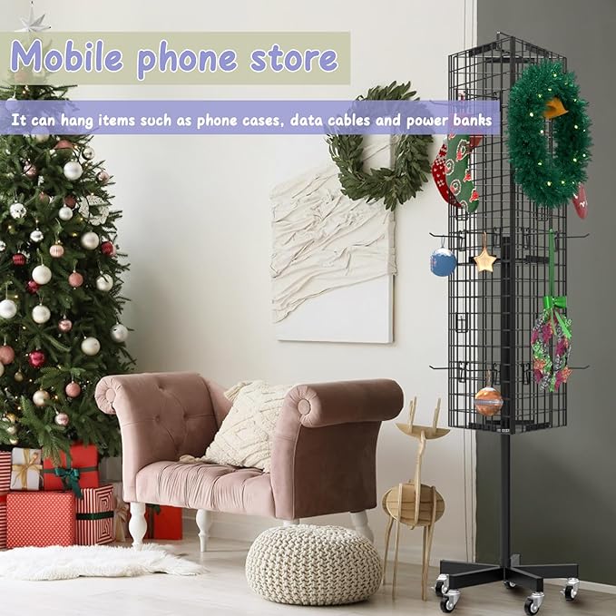 Grid Wall Panels Display Stand - 16”*63.3” Triangular Display Racks with 30 Hooks for Vendor Events , 360° Rotating Art Display Panels Heavy Duty Floor Standing Movable Retail Display Organization