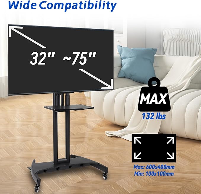 GCCSJ Rolling TV Stand with Adjustable Shelf，Portable TV Stand on Wheels for 32-75 Inch Screens，Heavy Duty Base Mobile TV Cart，132 LBS Weight Capacity， Suitable for Living Room/Bedroom/Office
