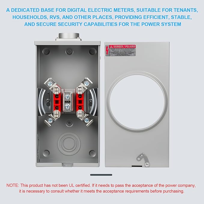 200 Amp Meter Socket, 4 Jaw Meter Base, 600V 3 Wire Ringless Type, with Horn Bypass Meter Cover Plate, Suitable for Overhead/Underground Feed